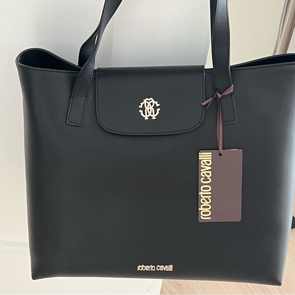 Roberto Cavalli black genuine  leather tote original hang tags, packaging .